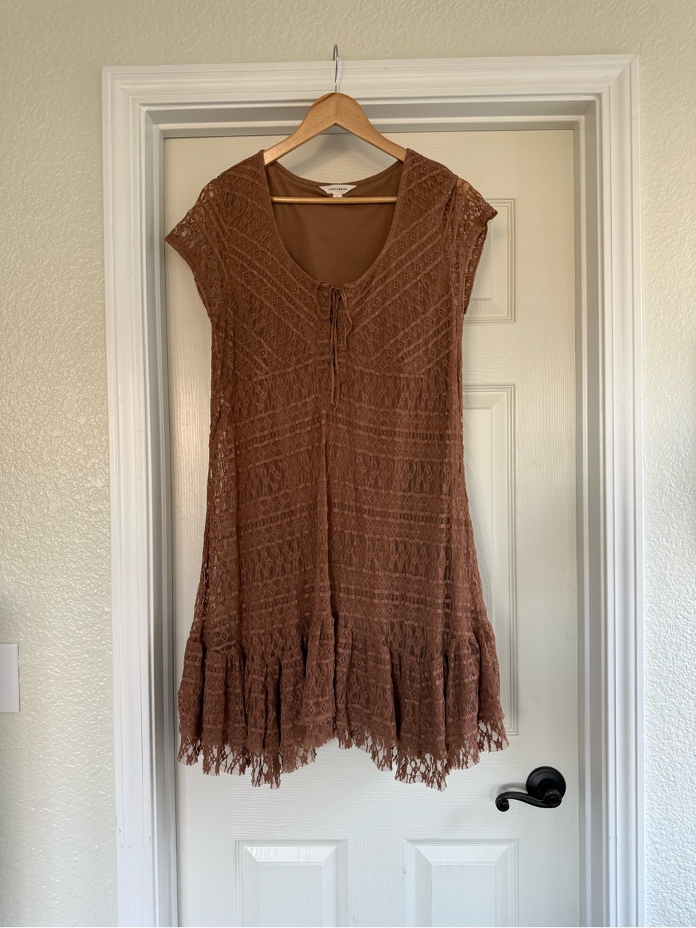 Lucky Brand Brown Crochet Midi Dress with Fringe Hem